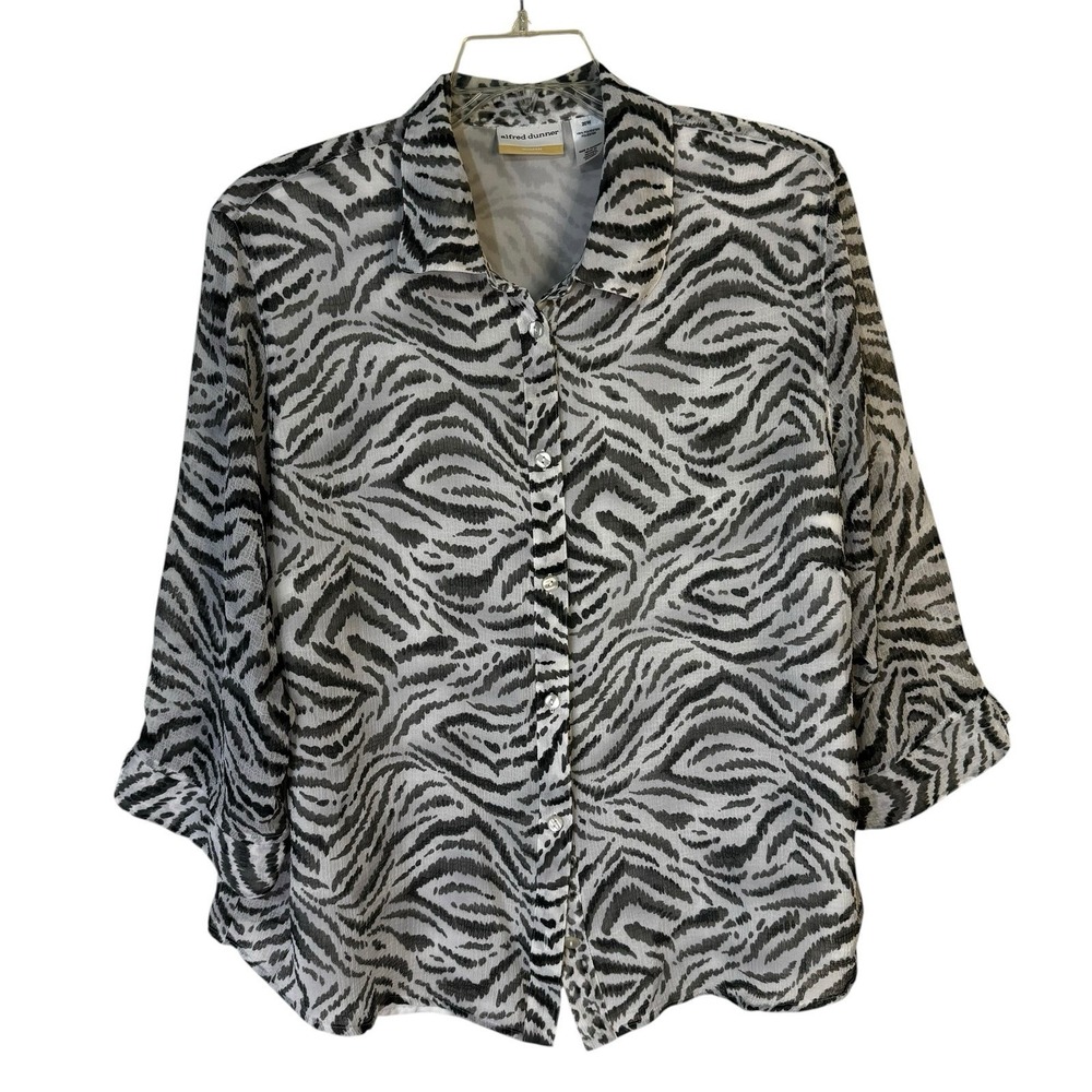 ALFRED DUNNER Blouse Size 20W Grey & White Zebra Print Long Sleeve Shirt Lined